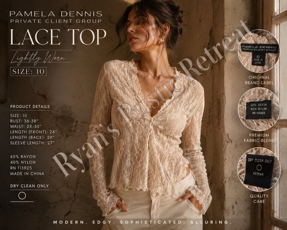 Pamela Dennis Private Client Group Lace Blouse Women’s 10 Sheer Rayon Nylon DK